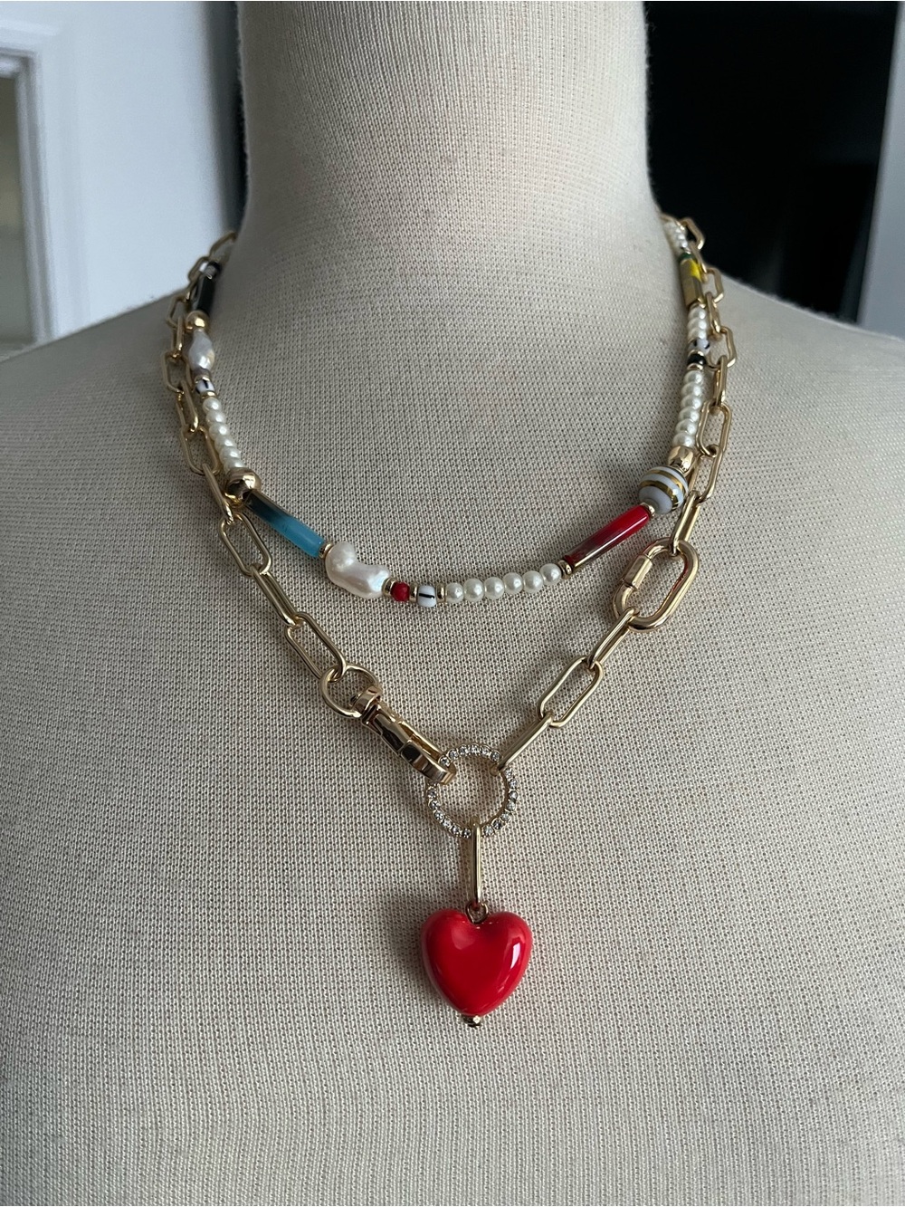 Gold plated chunky heart pendant layered necklace